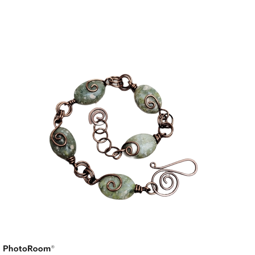 Oval Jasper Stone Wire Wrapped Coil Bracelet | Handmade Jewelry